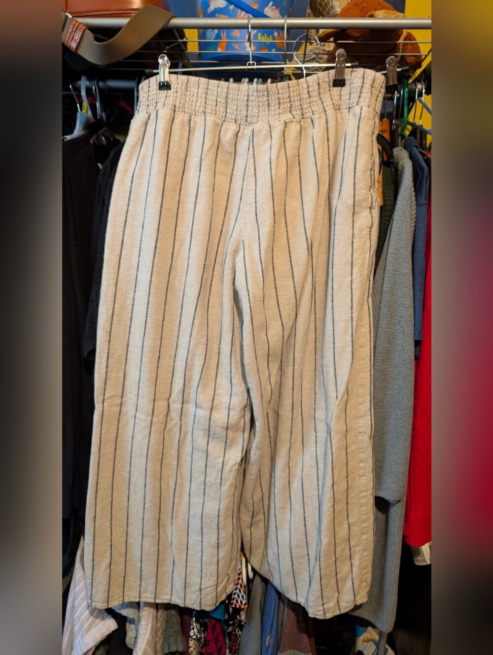 Beige Linen-Blend Wide Leg Striped Pants